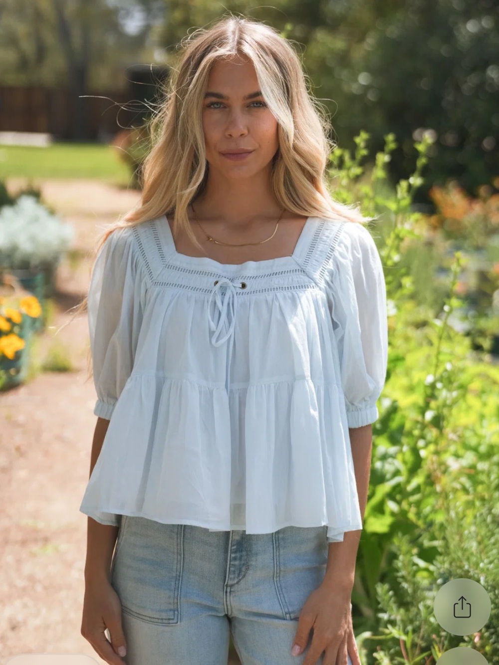 NEW Carly Jean Los Angeles Rae Light Blue Peasant Top with Tie